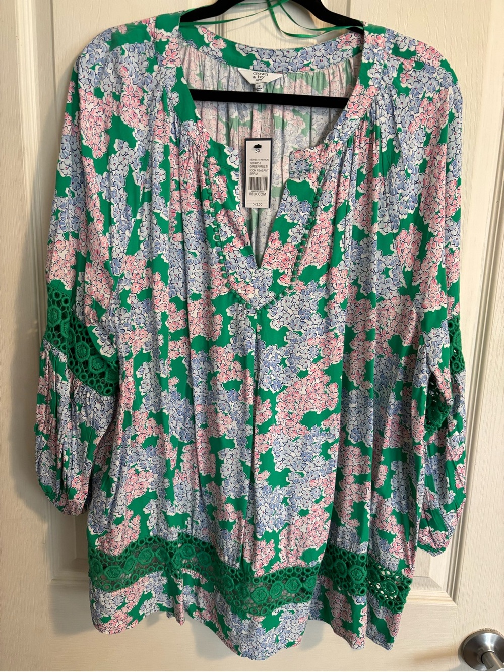 crown & ivy Green Floral Peasant Blouse with Pink and Blue Flowers